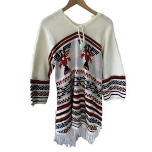 Vintage 70s Unbranded Thunderbird Peruvian Fringe Poncho Tunic Sweater One Size